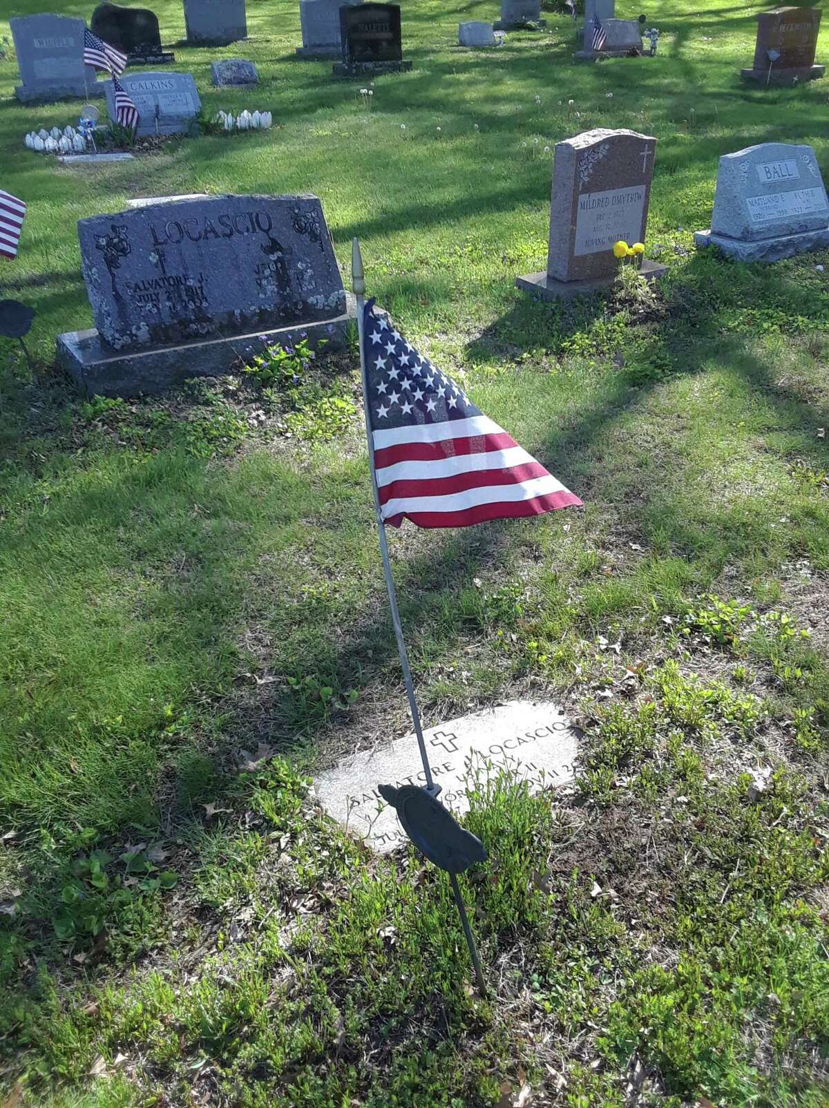 Veterans groups and volunteers spent time in local cemeteries replacing flags on veterans' graves in preparation for Memorial Day. Above, a flag marks a grave at Forest View Cemetery in Winsted.