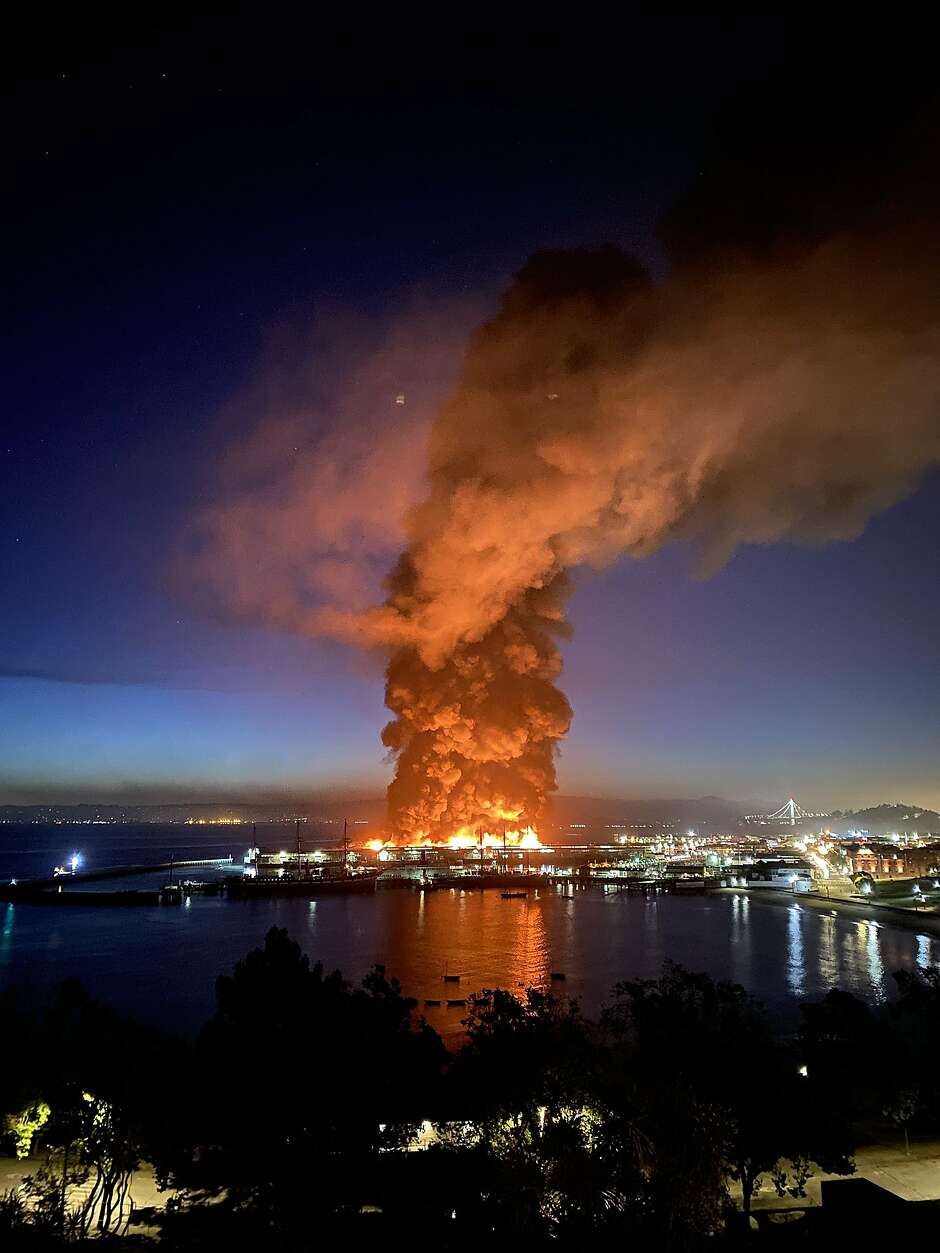 A warehouse fire burns at Pier 45 in San Francisco on Saturday.