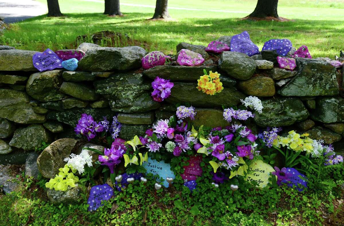 A memorial for Jennifer Dulos remains at Waveny Park Wednesday, May 20, 2020, in New Canaan, Conn. The first anniversary of the disappearance of Jennifer Dulos is coming up next month.