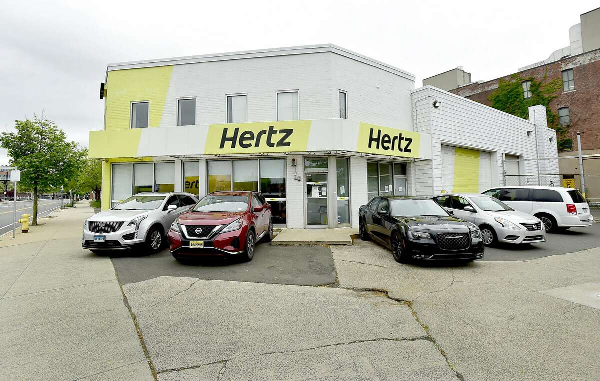 New Haven, Connecticut - Saturday, May 23, 2020: Hertz car rental at 1 George Street in New Haven.