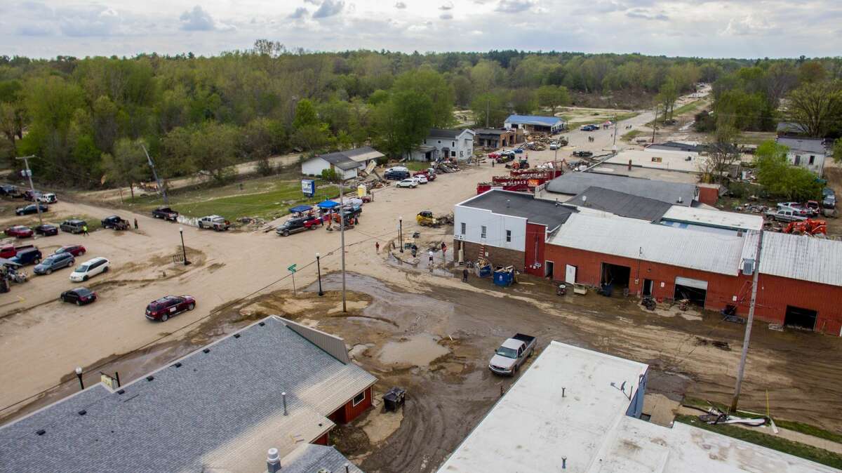 Aerial photographs show the scene in downtown Sanford Saturday, May 23, 2020 as efforts continue to clear debris and assess flood damage. (Adam Ferman/for the Daily News)
