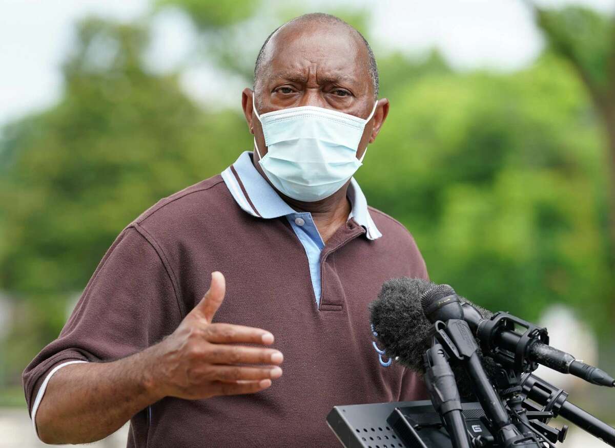 Houston Mayor Sylvester Turner speaks during a media conference Sunday, May 24, 2020 about enforcing the 25 percent capacity rule at area establishments amid the COVID-19 pandemic.