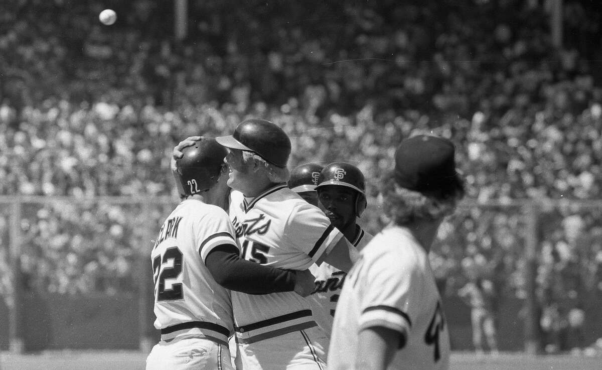 The San Francisco Giants' Mike Ivie and Jack Clark embrace during a game against the Los Angeles Dodgers on May 28, 1978 in San Francisco, Calif. Ivie hit a grand slam in front of the record 56,103-person crowd.
