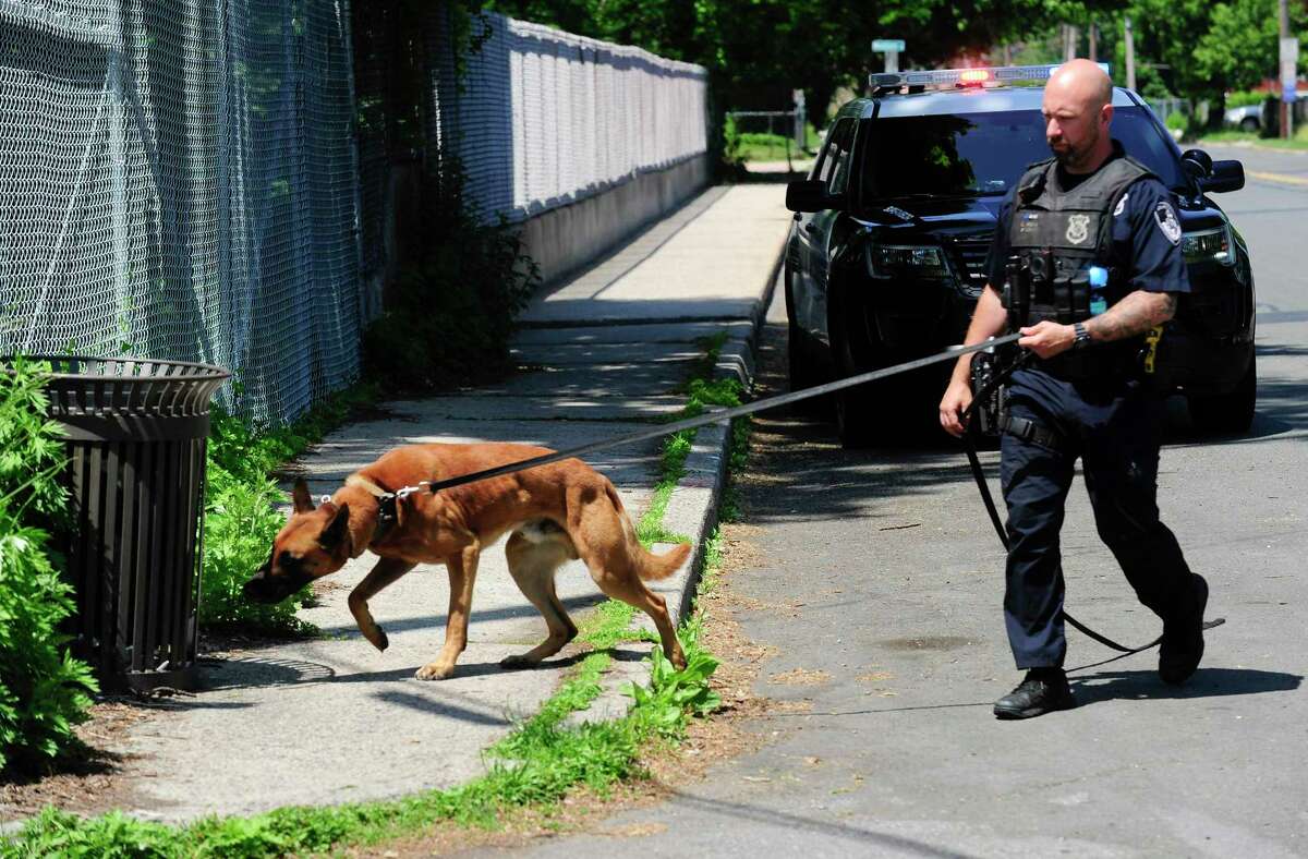 Officer Logan Pavia and his K-9 partner Pyro along with Stamford Police officers continue their search in and around the area surrounding the Fairfield Avenue overpass and I-95 following a reported shooting incident on May 26, 2020. A person of interest was taken by police and EMS to Stamford Hospital for evaluation after being pick up on I-95 northbound attempting to wave down traffic near Fairfield Avenue. The investigation is ongoing.
