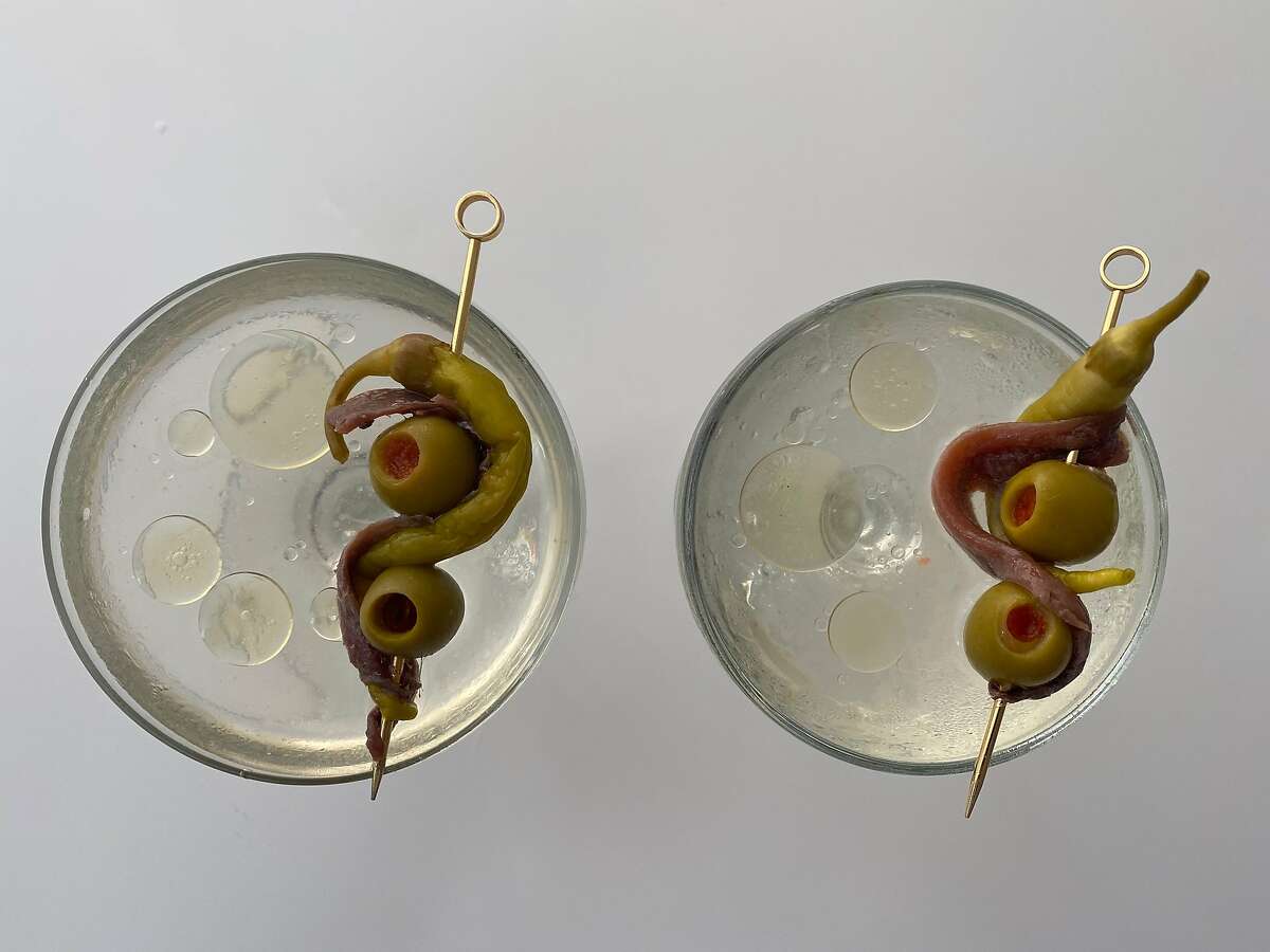 Cantabrian anchovy, pickled piparra peppers and manzanilla olive for a gildatini cocktail.