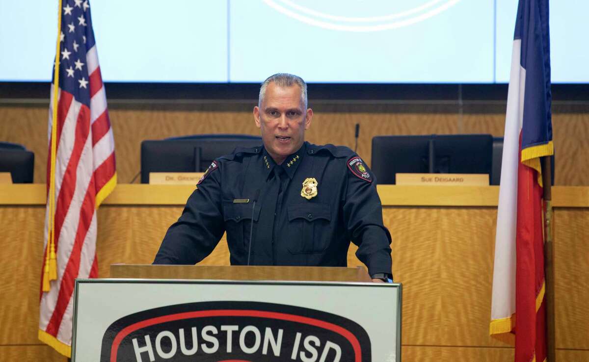 Pedro Lopez gives his speech after swearing in as HISD's new police chief Tuesday, May 26, 2020, in Houston. Lopez has more than 30 years of experience in law enforcement, including Houston Police Department and Harris County Sheriff's Office.