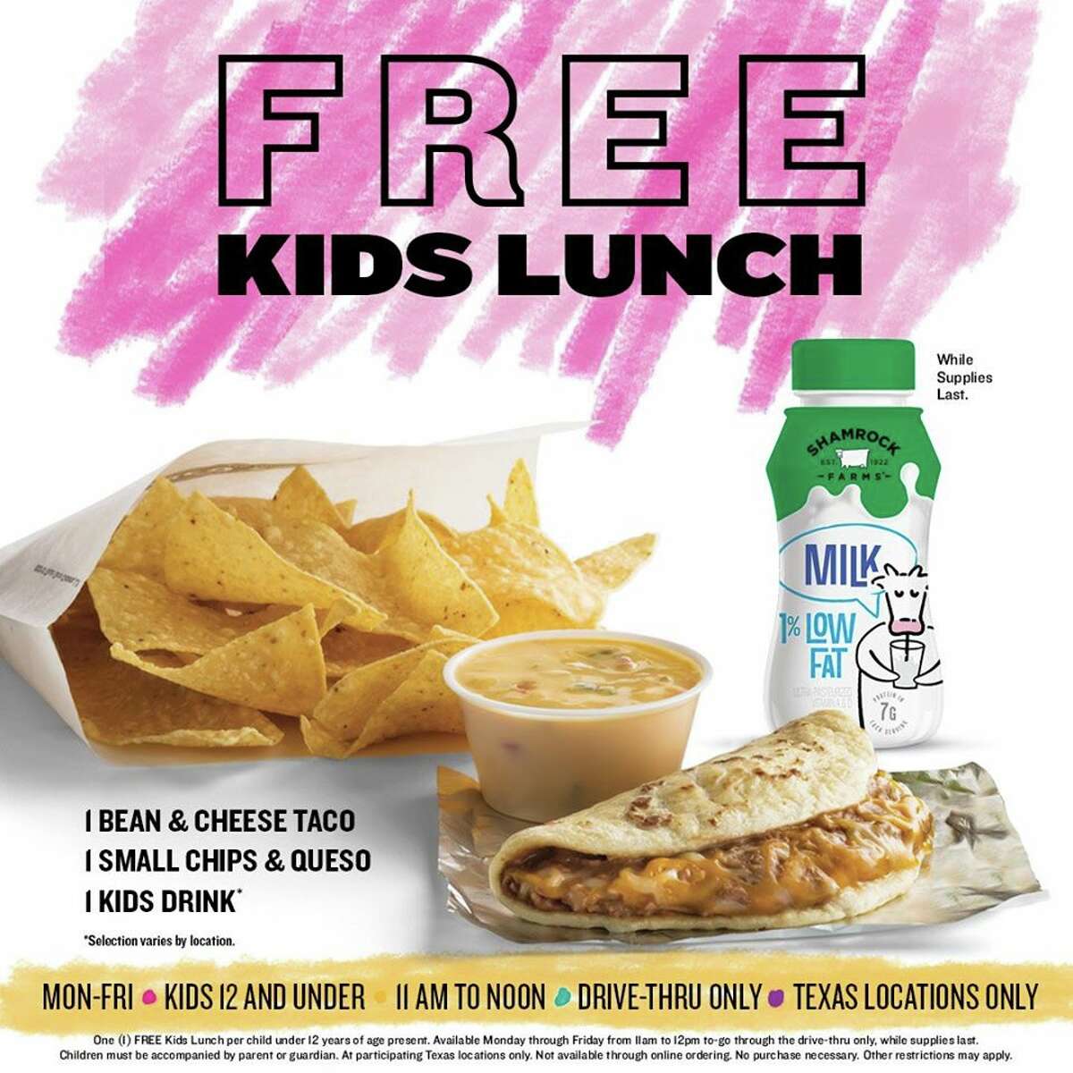 The chain Mexican restaurant's free meal offer includes a bean and cheese taco, chips and queso and a drink at all Texas locations from 11 a.m. to noon weekdays through the end of the summer for kids 12 and under.