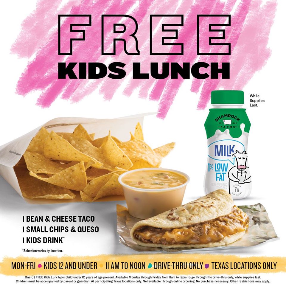 Kids can get a free bean and cheese taco, chips and queso and a drink at Taco Cabana all summer