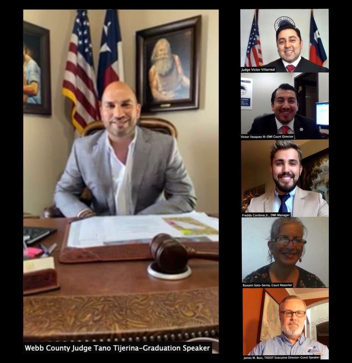 Pictured are Webb County Judge Tano Tijerina; Judge Victor Villarreal; DWI Court Program Director Victor Vasquez III, DWI Court Case Manager Freddy Cordoba Jr., Court Reporter Roxann Soto-Serna and Executive Director for the Texas Department of Transportation James M. Bass.