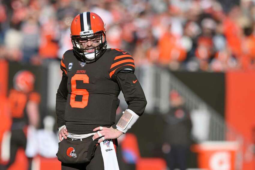 FILE - In this Dec. 22, 2019, file photo, Cleveland Browns quarterback Baker Mayfield reacts during an NFL football game against the Baltimore Ravens in Cleveland. The Browns quarterback said being away from football has given him time to reflect on his career and made him more determined to rebound from a tough second season in the NFL. Mayfield spoke Wednesday, May 27, 2020, on a Zoom call for the first time since the end of last season. (AP Photo/David Richard, File)