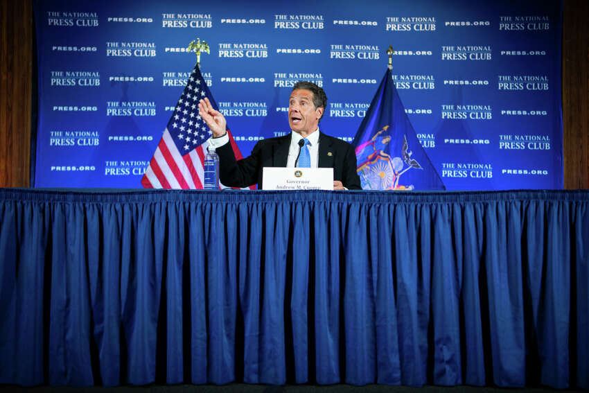 New York Gov. Andrew Cuomo conducts a news conference on the COVID-19 pandemic at the National Press Club in Washington, D.C., after a meeting with President Trump at the White House on Wednesday, May 27, 2020.