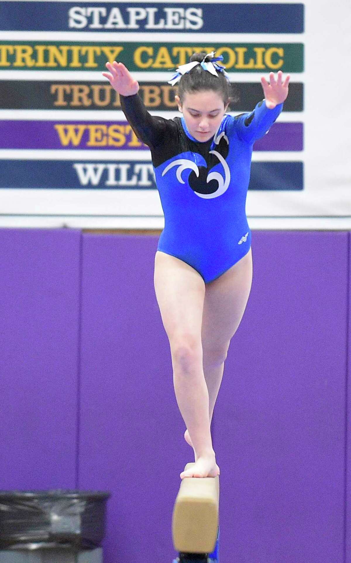 Competitors compete in the Ro Carlucci FCIAC Championships for gymnastics at Westhill High School on Feb. 15, 2020 in Stamford, Connecticut. Fairfield Ludlowe won the FCIAC gymnastics championship and the Falcons’ Mancini taking top individual honors in All Around.