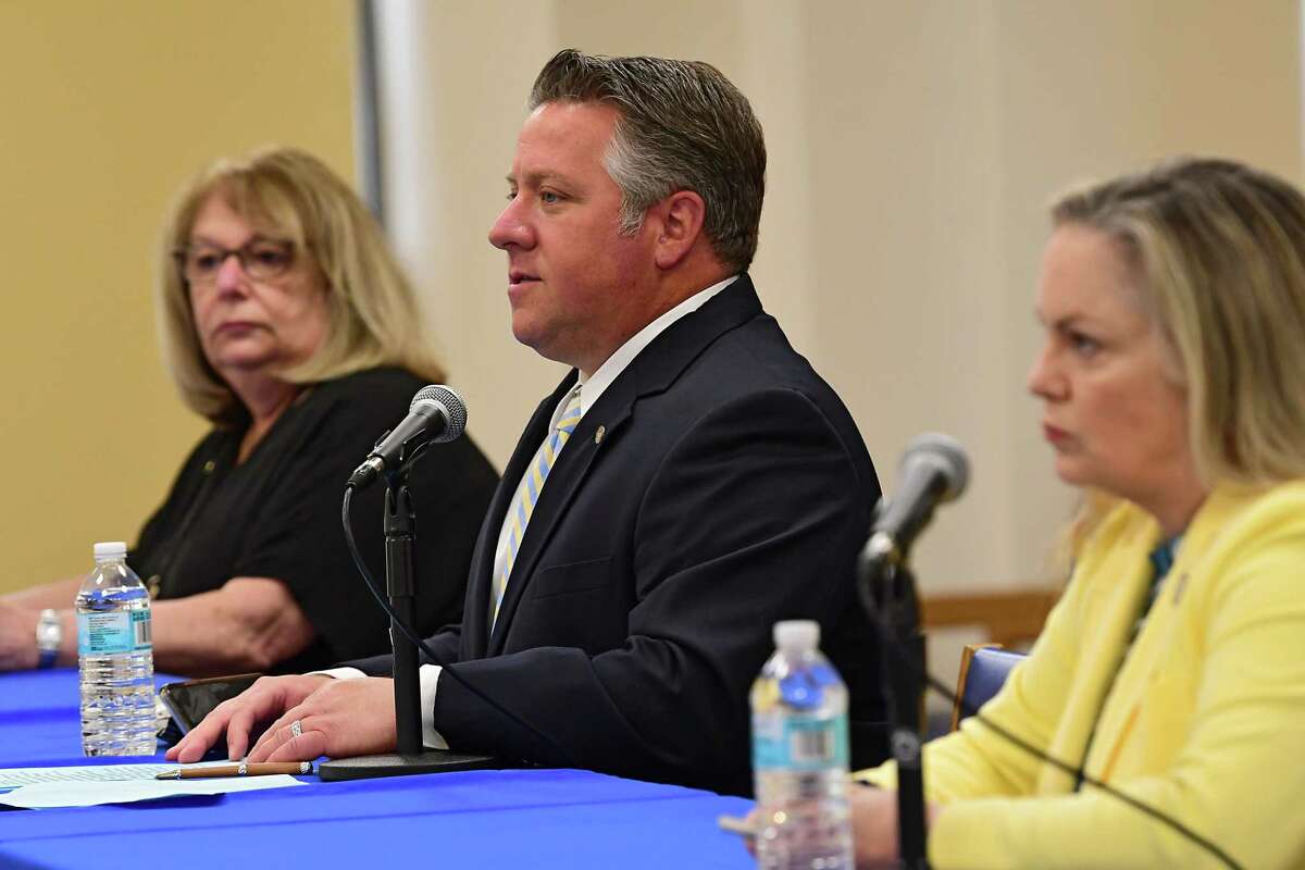 Albany County Executive Daniel McCoy, center, speaks during his daily coronavirus briefing on Thursday, May 28, 2020 in Albany, N.Y. Joining McCoy is Deb Riitano, Albany County Department for Aging commissioner, left, and County Department of Health Commissioner Dr. Elizabeth Whalen. (Lori Van Buren/Times Union)