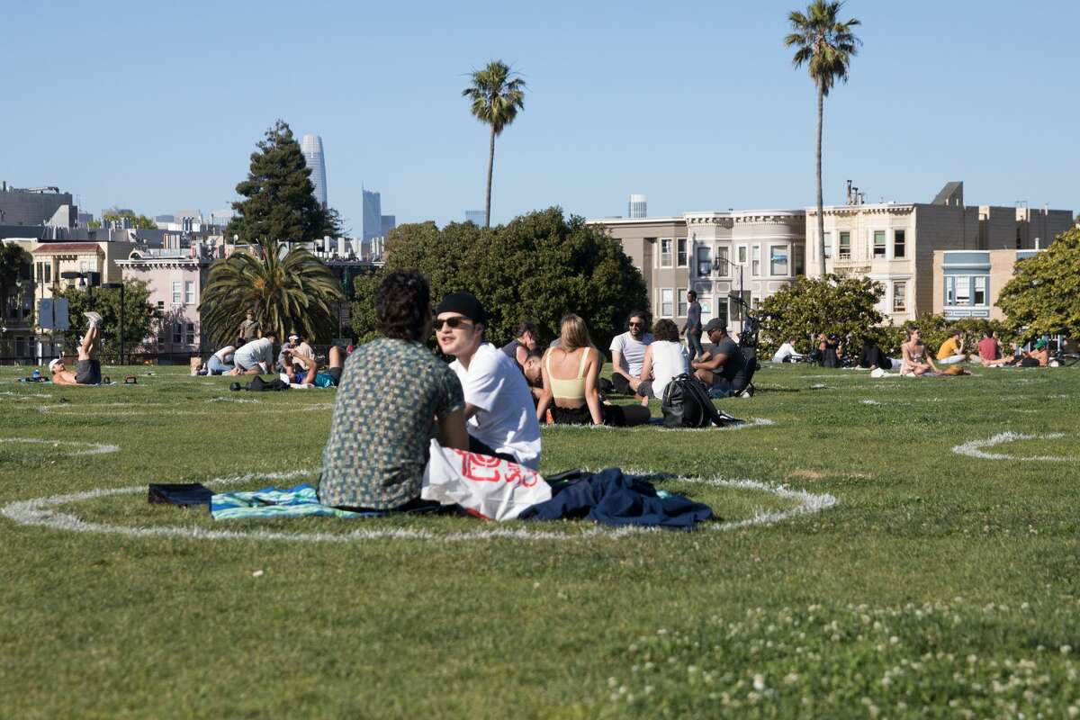 People hang out at Dolores Park. Comparing 200, 50, and 24 mm views from camera in San Francisco, Calif. on May 27, 2020.