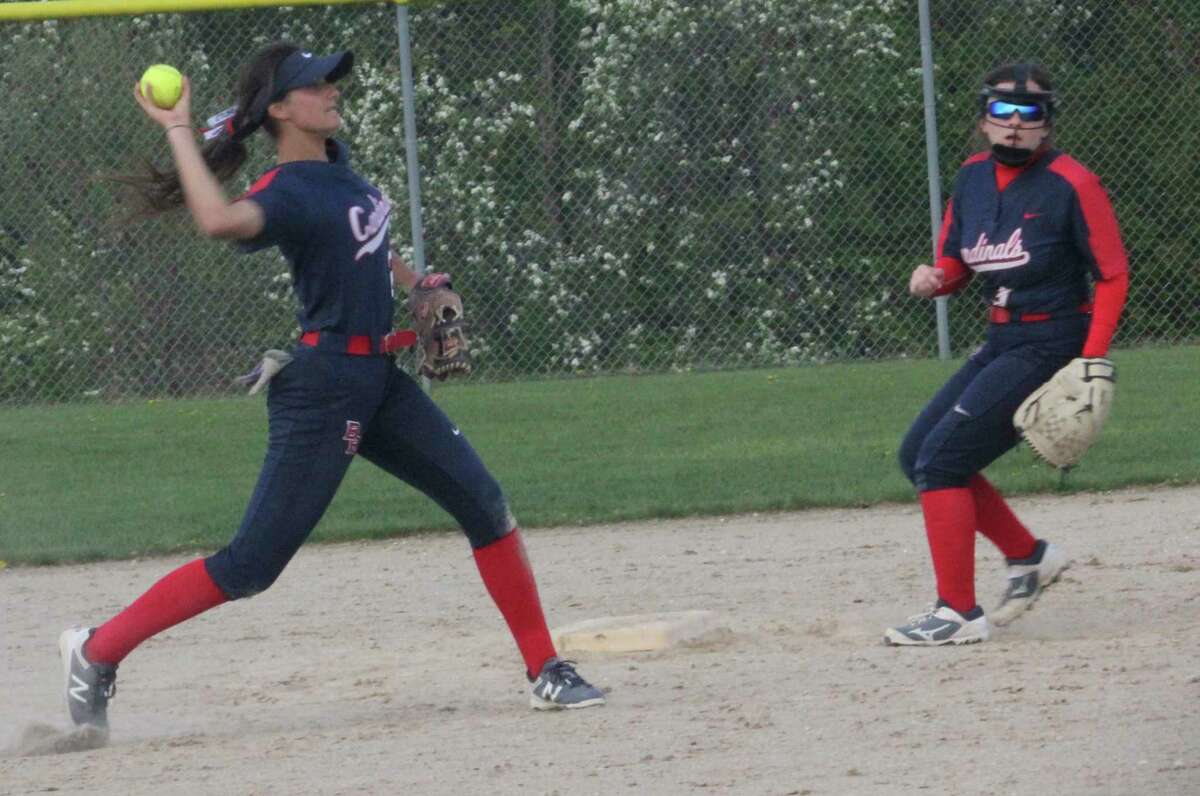 Big Rapids shortstop Emma Daum gets ready to throw the ball to first base in action last season. (Pioneer file photo)