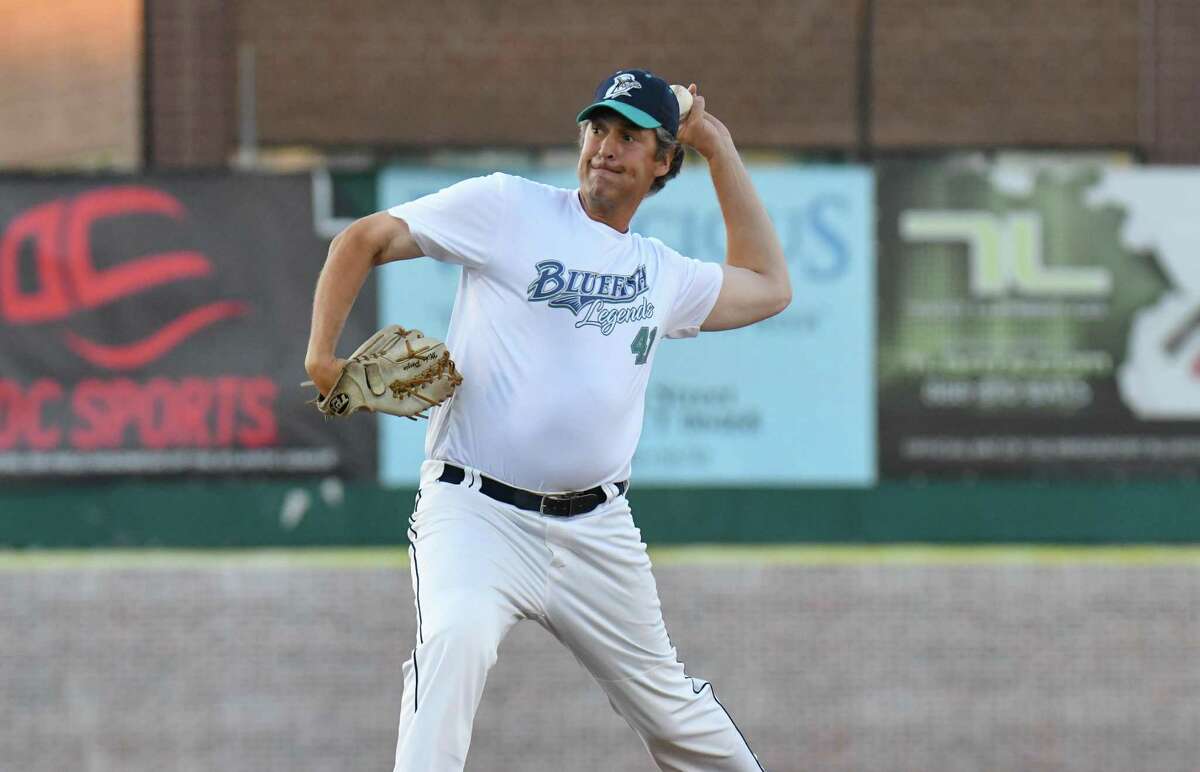 Bridgeport Bluefish Legend Mike Porzio delivers a pitch during the Bridgeport Bluefish 20th Anniversary Legends Game at the Ballpark at Harbor Yard on August 5, 2017 in Bridgeport, Connecticut.