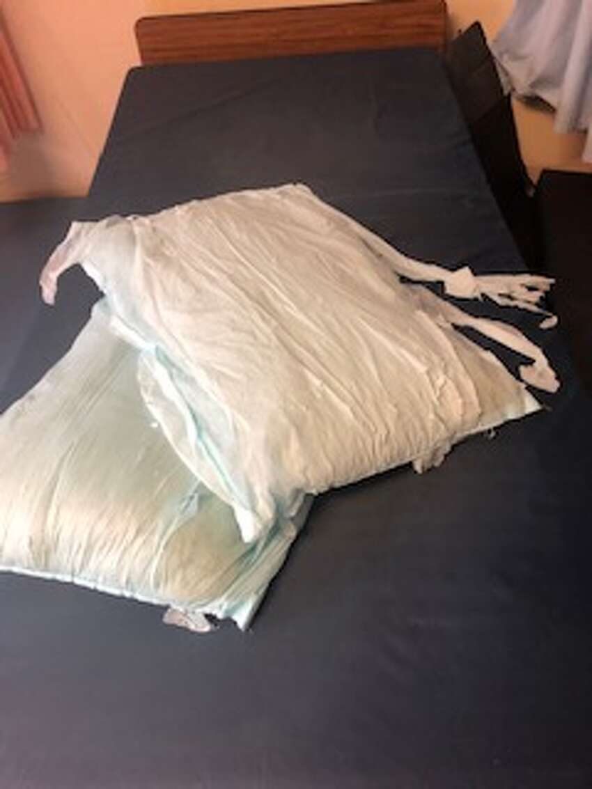 Mary Beth Delarm began documenting visits to her mother at the Diamond Hill nursing home in Schaghticoke last year. She believes her mother, who is in her 90s and has dementia, was being neglected based on the conditions she often found her in. In this photo her mother's pillows are torn.