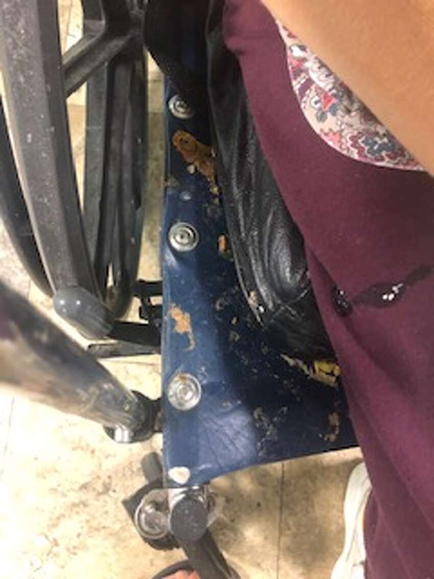 Mary Beth Delarm began documenting visits to her mother at the Diamond Hill nursing home in Schaghticoke last year. She believes her mother, who is in her 90s and has dementia, was being neglected based on the conditions she often found her in. In this photo, her mother's wheelchair is covered in dirt and grime.