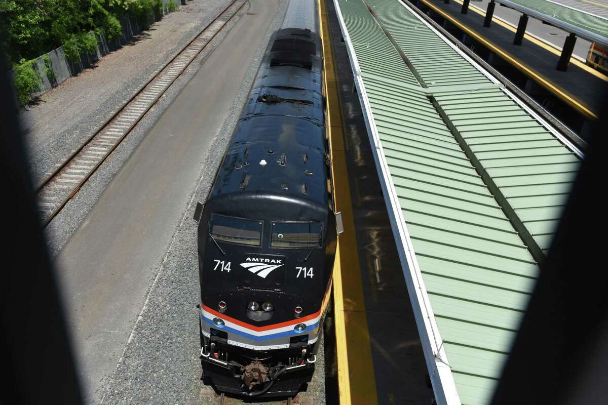 A southbound Amtrak train pulls into the Albany-Rensselaer train station on Friday, May, 29, 2020, in Rensselaer, N.Y. Amtrak is considering seat assignments as a strategy to keep people socially distant. (Will Waldron/Times Union)