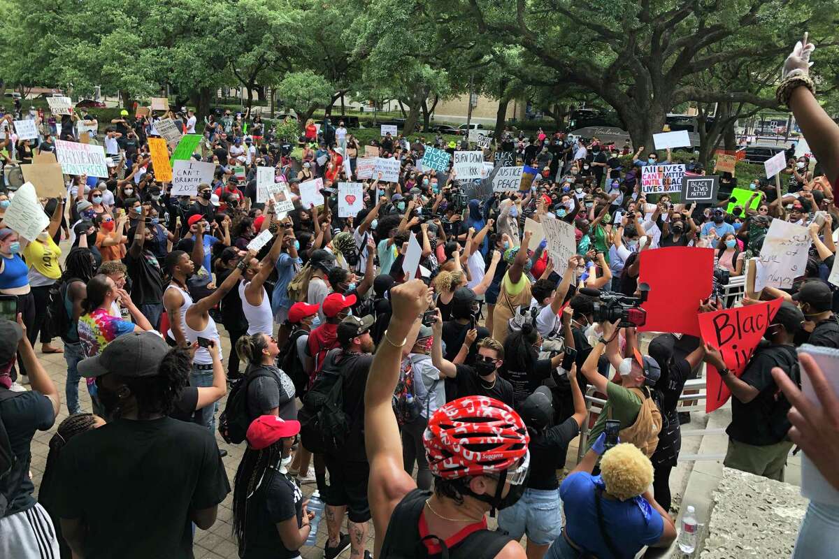 Black Lives Matter Houston remembers George Floyd during a protest at City Hall, Friday May 29, 2020, in Houston. Floyd, originally from Houston’s Third Ward, died in the custody of Minneapolis police earlier this week, setting off protests across the country.