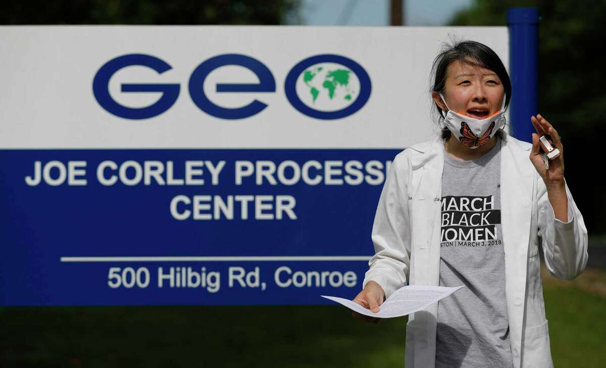 Dr. Dona Kim Murphey speaks before reading a letter from an immigrant epidemiologist and a nurse detained at the Joe Corley Detention Facility, Friday, May 29, 2020, in Conroe. Physicians with Doctors for America and immigrant rights activists began a 24-hour vigil in front of the facility to demand the release of detained asylum seekers, refugees, and nonviolent immigrants to prevent the spread of COVID-19. Texas is the state with most confirmed COVID-19 cases of immigrants confined in Immigration and Custom Enforcements’ detention centers, official counts indicate.