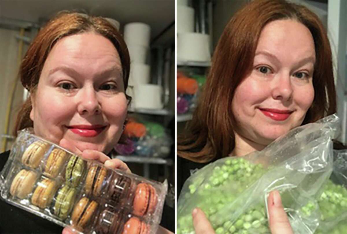 Jennifer Salgado, of Bloomfield, N.J., with a pack of macarons, left, and a bag of peas she ordered during coronavirus lockdown. Millions of people have helped online retail sales surge as consumer spending fell off rapidly when businesses shut down. Salgado snapped up 96 macarons from a bulk-buying store, along with 24 pounds of frozen peas.
