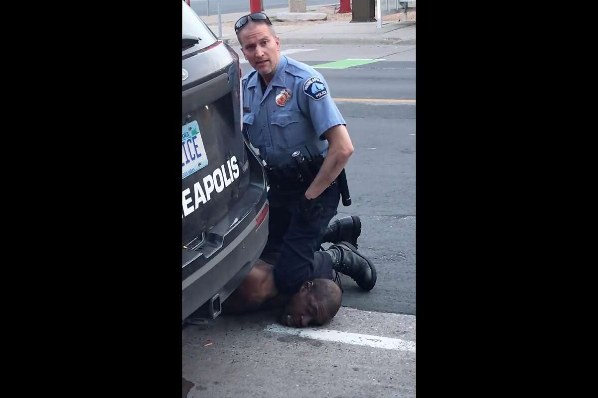 This still image taken from Darnella Frazier’s Facebook video shows since-fired Minneapolis police officer Derek Chauvin kneeling on George Floyd’s neck.