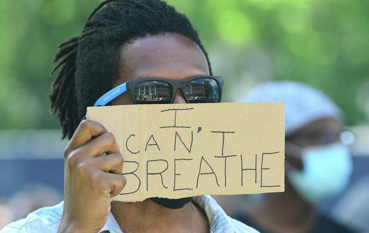 A photo from the protest in Stratford, Conn., on Saturday, May 30, 2020, showing a protester holding a sign that says "I can't breathe." Protesters gathered across the nation Saturday, expressing outrage over the death of George Floyd in Minneapolis, Minn., on Monday, May 25, 2020.