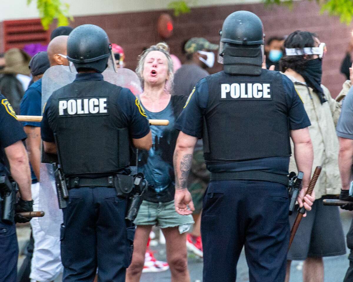 Protesters clash with Albany police outside the South Station on Saturday, May 31, 2020 (Jim Franco/Special to the Times Union)