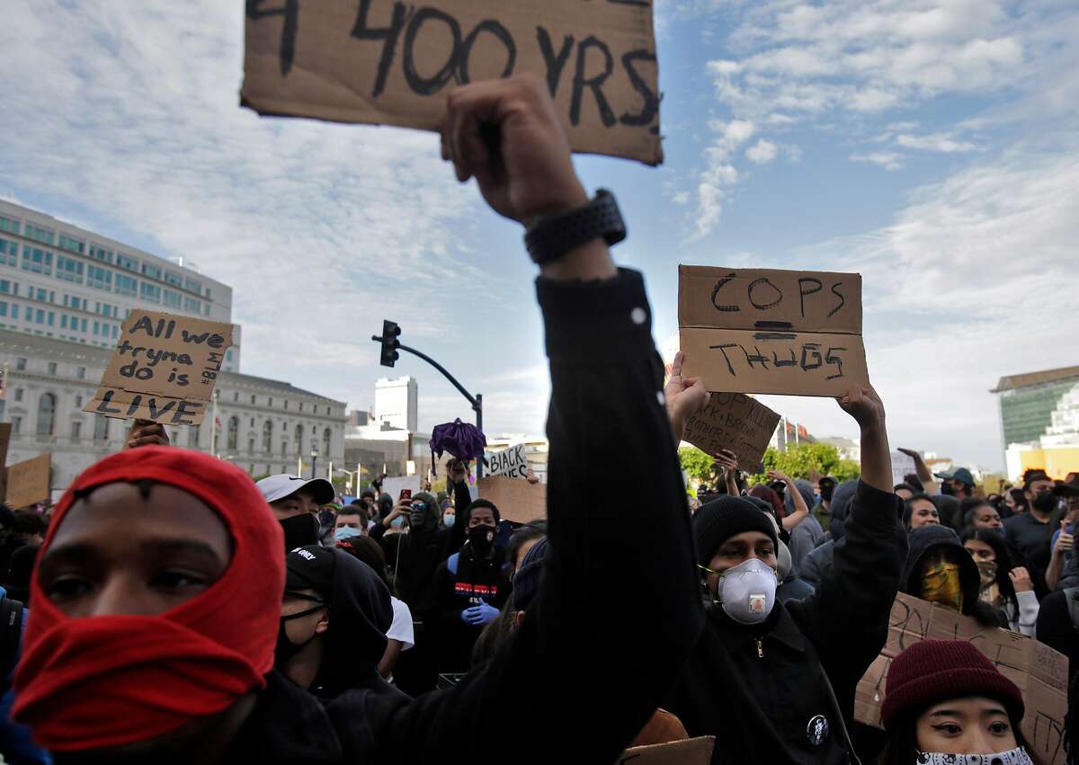 Several thousand protesters gathered at City Hall in San Francisco, Calif., on Sunday, May 31, 2020, for the third straight night of worldwide solidarity protests over the killing of George Floyd in Minneapolis by police earlier in the week.