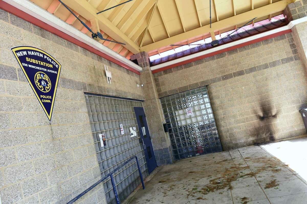 The blast marks from an explosive device remain on the wall of the New Haven Police Substation on Winchester Avenue in New Haven June 1, 2020.