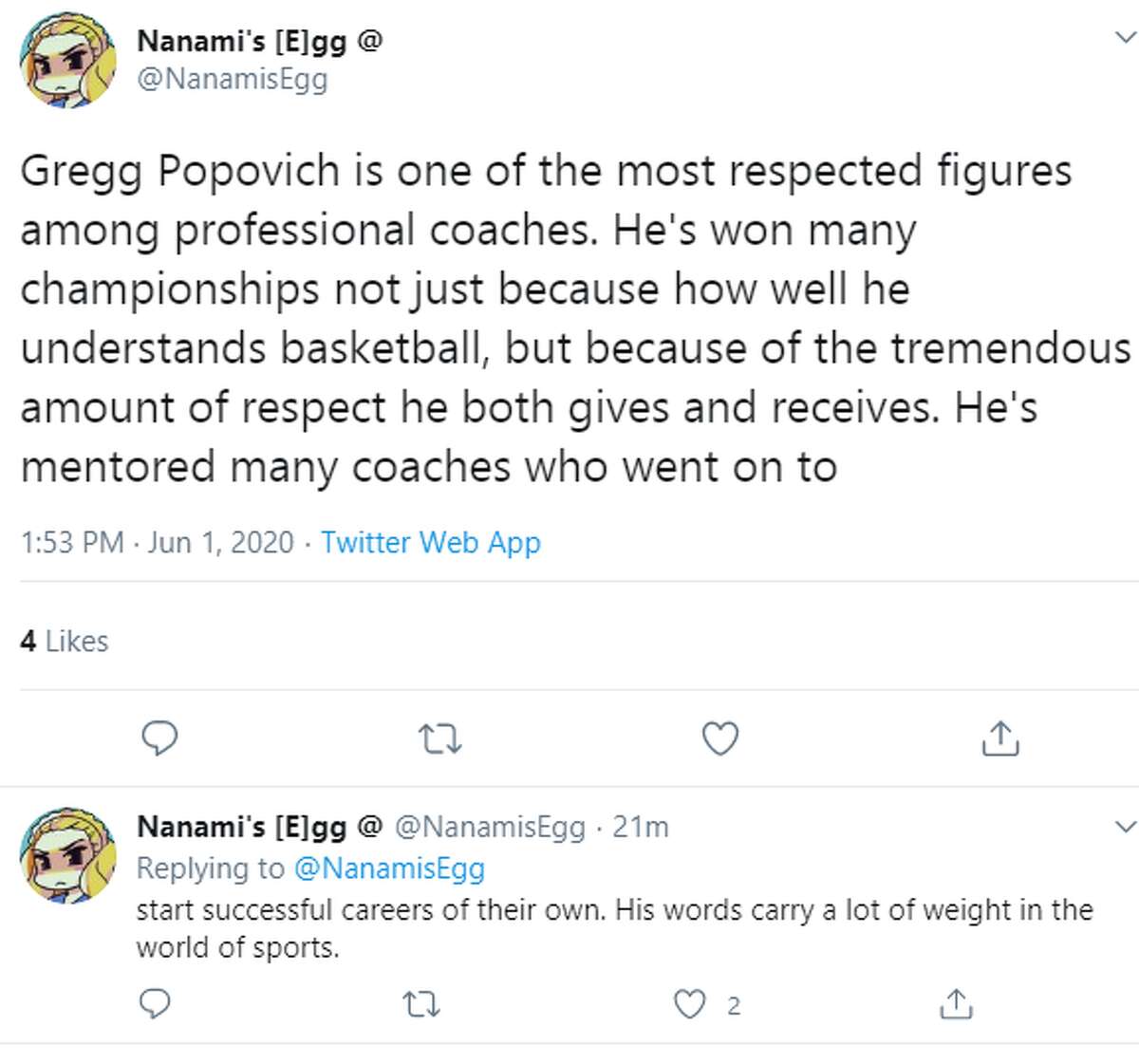@NanamisEgg: Gregg Popovich is one of the most respected figures among professional coaches. He's won many championships not just because how well he understands basketball, but because of the tremendous amount of respect he both gives and receives. He's mentored many coaches who went on to start successful careers of their own. His words carry a lot of weight in the world of sports.