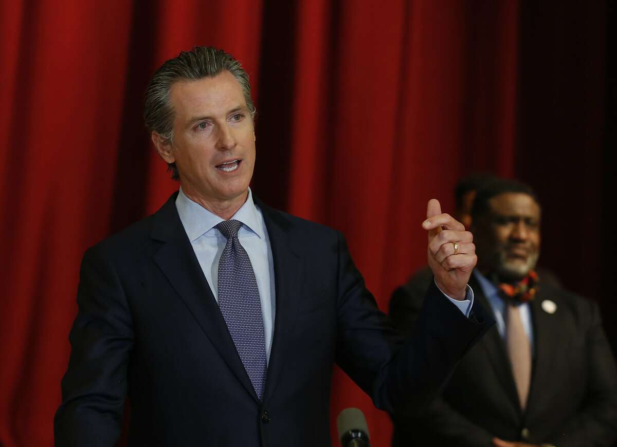 Gov. Gavin Newsom discusses the pain California's black community is feeling Monday, June 1, 2020, over the death of George Floyd, after a meeting with African American leaders in Sacramento, Calif. Newsom urged people to continue expressing themselves through protest, and criticized people who are trying to exploit the protests with violence. Floyd, a black man, died after being restrained by Minneapolis police officers Memorial Day. (AP Photo/Rich Pedroncelli, Pool)