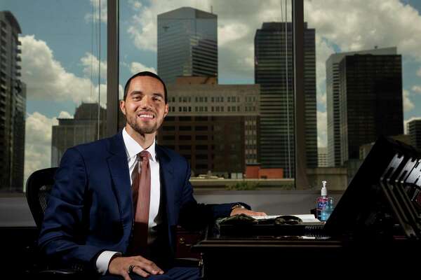 Interim Harris County clerk Chris Hollins poses for a photograph in his new office at the Harris County Civil Courthouse building Wednesday, May 27, 2020, in Houston.