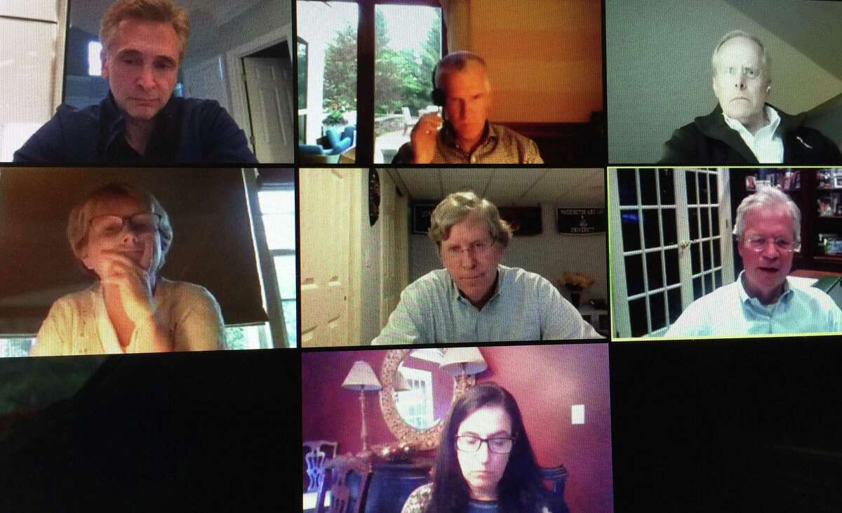 The Wilton Finance Board deliberated on the budgets Monday, June 1. From top left, Stewart Koenigsberg, Chris Stroup, Peter Balderston, First Selectwoman Lynne Vanderslice, Michael Kaelin, Jeffrey Rutishauser and Cheif Financial Officer Anne Kelly-Lenz.