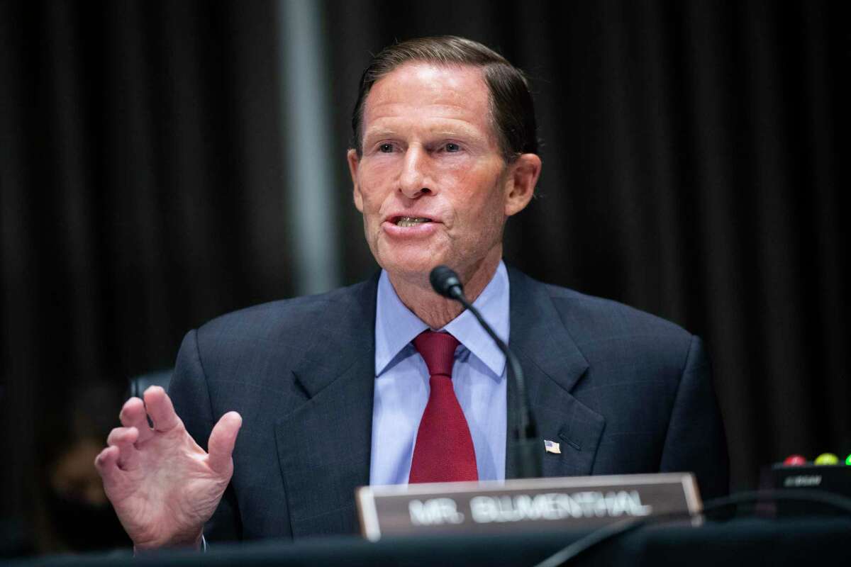 Sen. Richard Blumenthal, D-Conn., speaks during a Senate Judiciary Committee hearing examining issues facing prisons and jails during the coronavirus pandemic on Capitol Hill in Washington, Tuesday, June 2, 2020. (Tom Williams/CQ Roll Call/Pool via AP)