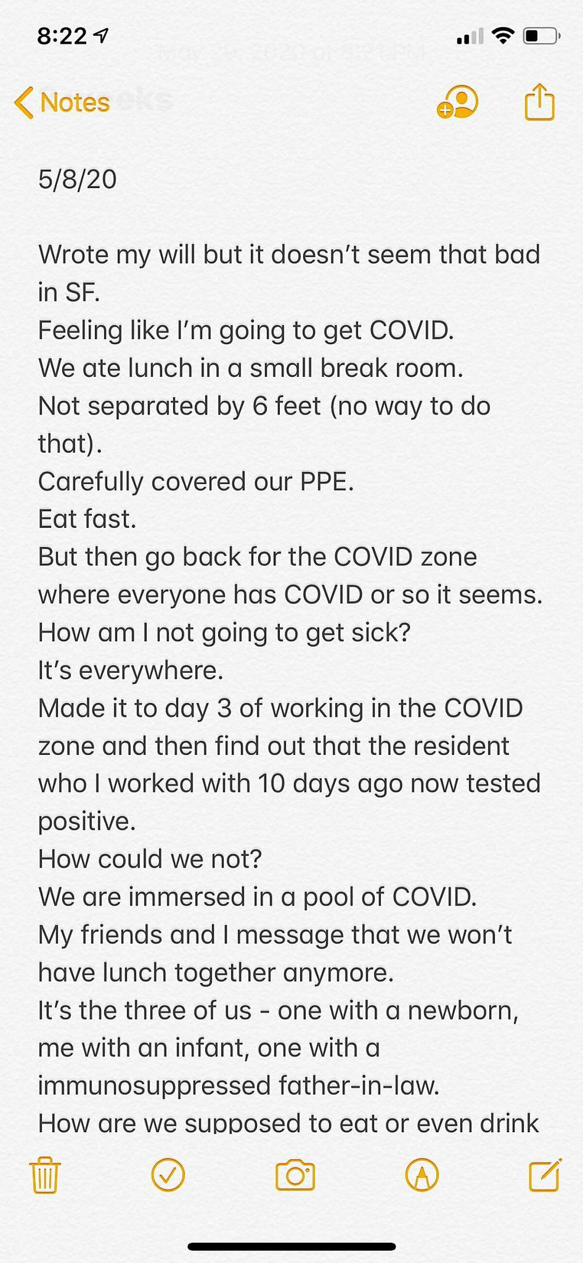 Screenshots from diary-like entries Dr. Debbie Yi Madhok made on her iPhone as an ER doctor treating COVID-19 patients at Zuckerberg San Francisco General Hospital and Trauma Center in the Spring of 2020.