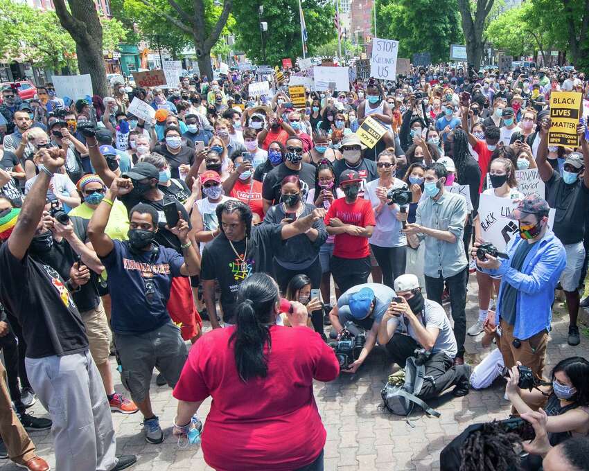 Saturday's rally at Albany's Townsend Park drew hundreds protesting police brutality in the wake of the killing of George Floyd, an unarmed black man in Minneapolis.