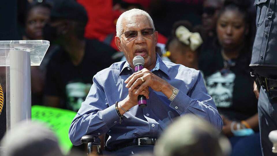 Rev. Bill Lawson, founder of Wheeler Avenue Baptist Church addressees the crowd after a march with George Floyd's family on Tuesday, June 2, 2020, at City Hall in downtown Houston.