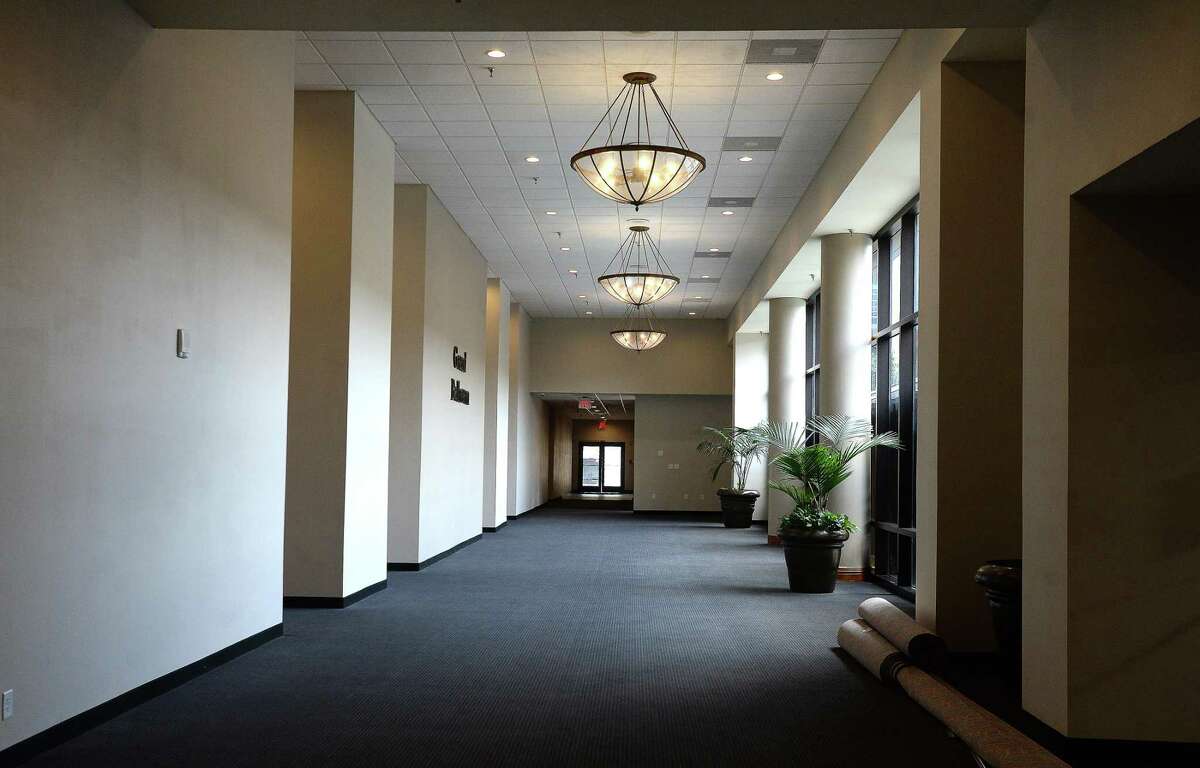 The hallway leading to banquet rooms in a hotel.
