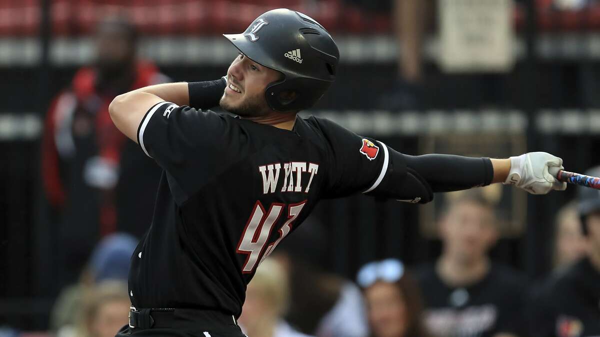 Louisville's Logan Wyatt during an NCAA college baseball game against Miami, Thursday, April 18, 2019, in Louisville, Ky. (AP Photo/Aaron Doster)