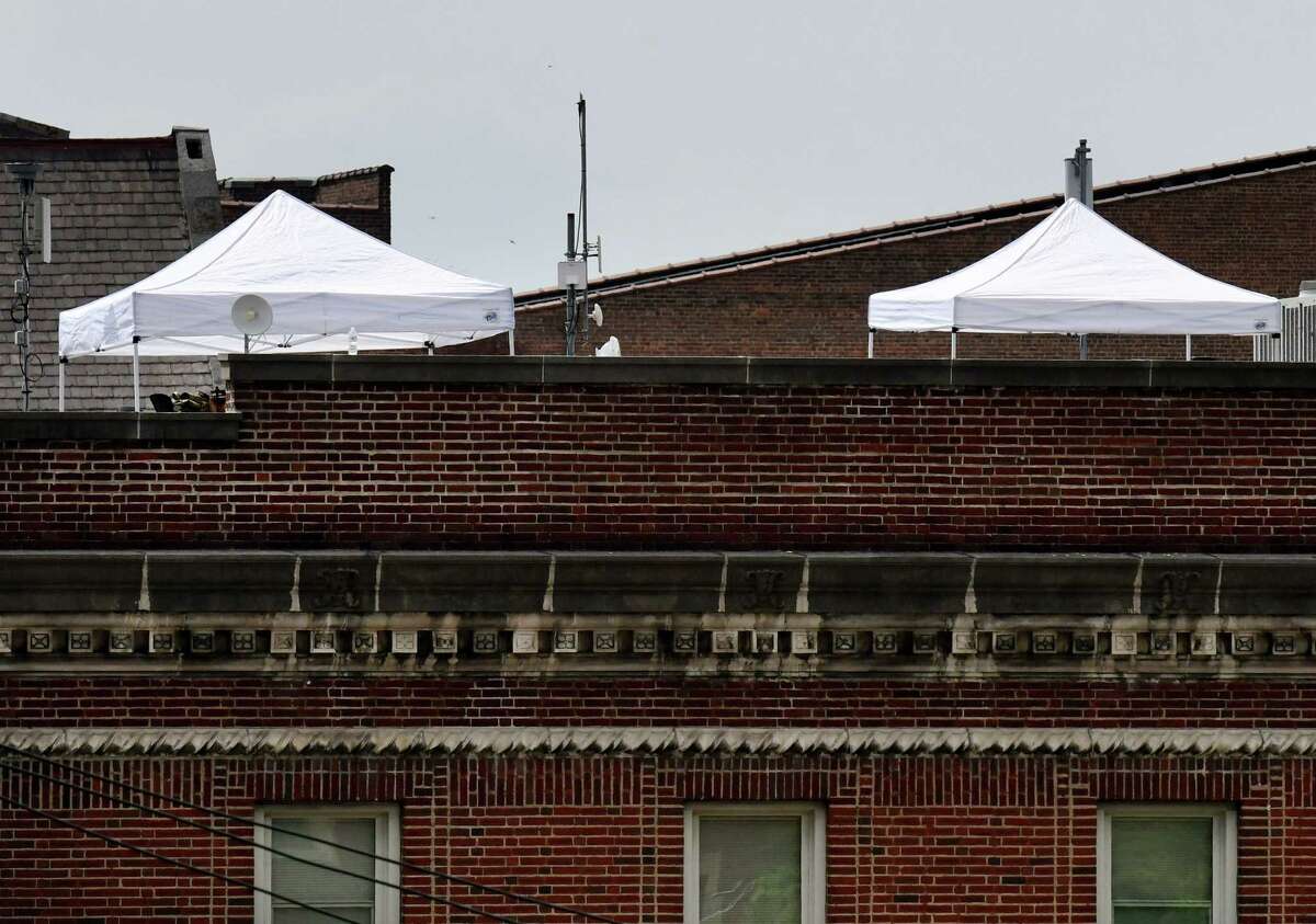 Canopies have been placed on the Troy police station roof as the department prepares ahead of a planned Sunday protest against police brutality on Wednesday, June 3, 2020, in Troy, N.Y. (Will Waldron/Times Union)
