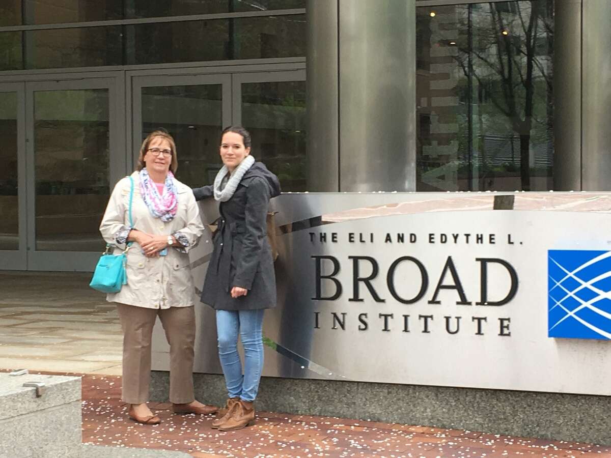 Loretta and Emma Chory outside the Broad Institute, a biomedical research lab partnered with MIT and Harvard.