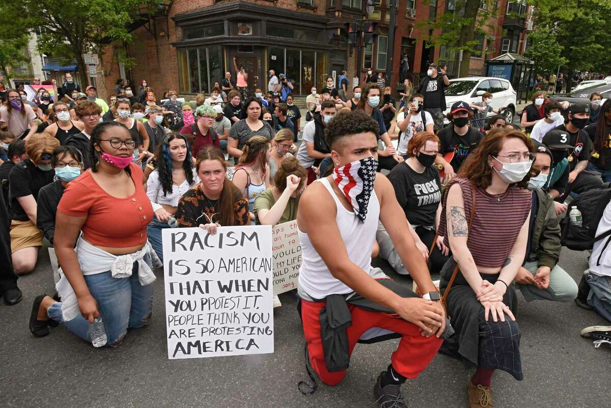 Protesters who are opposed to police brutality against black people march through neighborhoods to bring social justice on Wednesday, June 3, 2020 in Albany, N.Y. (Lori Van Buren/Times Union)