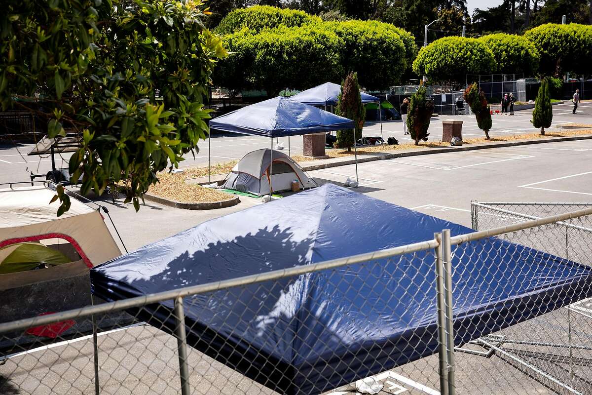 San Francisco's second Safe Sleeping Village is set up at the corner of Haight Street and Stanyan Street on Friday, May 29, 2020.