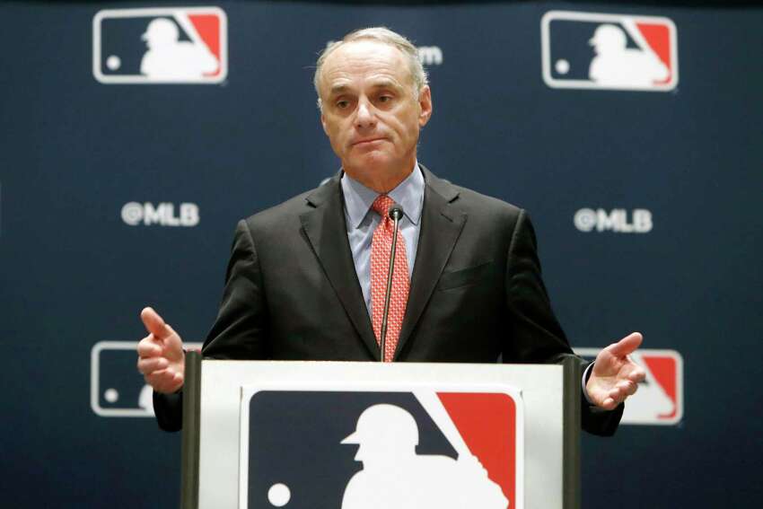 FILE - In this Nov. 21, 2019, file photo, baseball commissioner Rob Manfred speaks to the media at the owners meeting in Arlington, Texas. Major League Baseball rejected the players' offer for a 114-game regular season in the pandemic-delayed season with no additional salary cuts and told the union it did not plan to make a counterproposal, a person familiar with the negotiations told The Associated Press. The person spoke on condition of anonymity Wednesday, June 3, 2020, because no statements were authorized.(AP Photo/LM Otero, File)