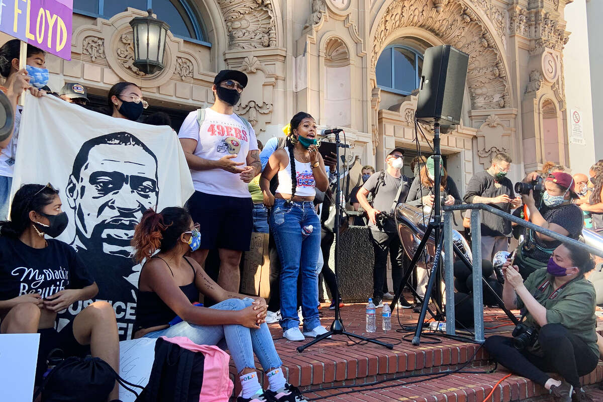 Jacques (pictured) went on to say she was the primary organizer of this youth-led protest along with her friends, her "homies and homeboys." "This entire time, people have been asking us, 'Are you under an org?'" she said. "They want to know, 'Who is it?' We're just youth who grew up in the city. We're just people who care and love each other, and love each other enough to take care of each other."