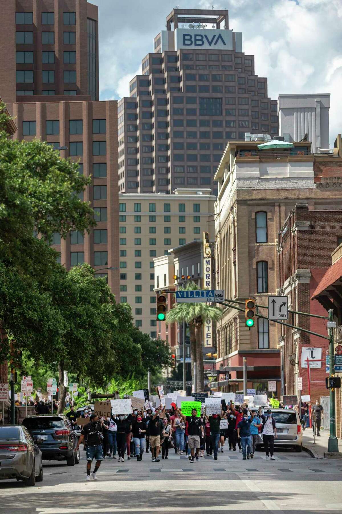 People protesting the death of George Floyd march Wednesday, June 3, 2020, around the county courthouse in downtown San Antonio. Floyd died in police custody May 25, 2020 in Minneapolis, Minnesota after a police officer was seen kneeling on his neck for more than 8 minutes. The death has sparked nationwide protests.