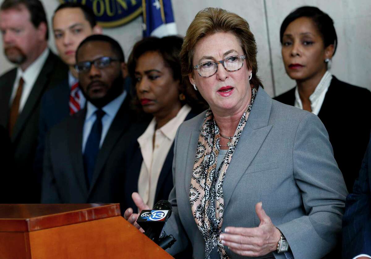 Harris County District Attorney Kim Ogg announces that a county grand jury returned indictments against former Houston Police Department officers Gerald Goines and Steven Bryant during a press conference at the Harris County District Attorney's Office on Wednesday, Jan. 15, 2020.