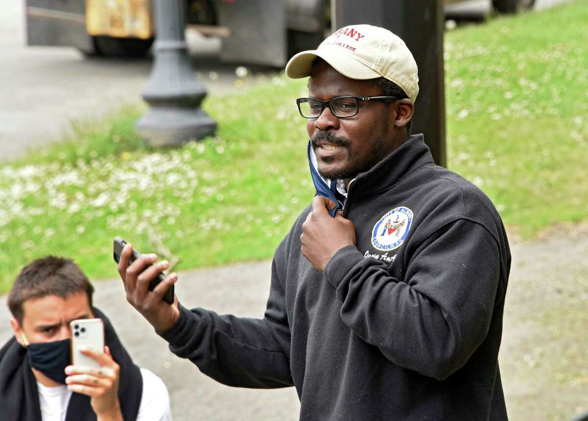 Albany Common Council member Owusu Anane speaks during a 2020 rally in Washington Park. 